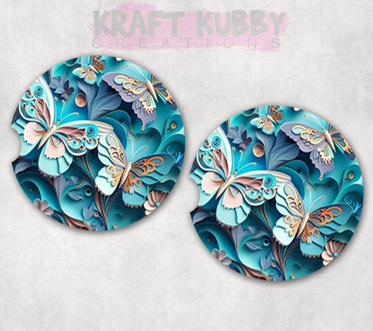 Car Coaster - Neoprene Car Coasters (2) - 3D Flower #4-Butterflies