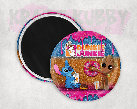 Magnets - Round Magnets - 2.25 inch - Dunkie Junkie - Baby Groot & Stitch